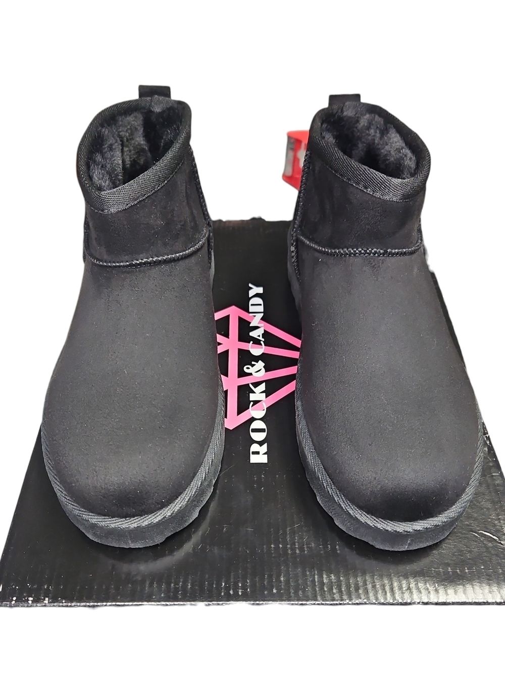 Rock & Candy Idol Black Faux Fur Lined Ankle Boots Size 7.5 Faux Suede NWB
